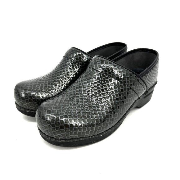 Dansko Shoes - Dansko XP Patent Leather Faux Reptile Skin Charcoal Grey Silver Mule Clog 38